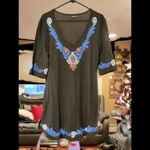 Brown Embroidered V-Neck Tunic